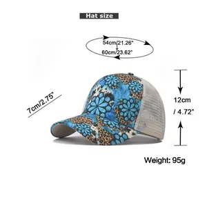Detailed size guide for breathable ponytail baseball cap with mesh and floral print