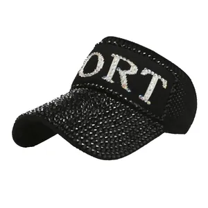 Women's black sun visor hat with rhinestones and SPORT letters for running