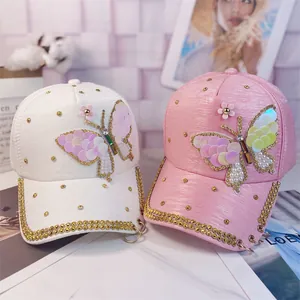 Gorra de Béisbol Personalizada para Mujer con Mariposa de Lentejuelas con Anillos de Metal Rhinestone Protección Solar Sombrero de Algodón Ajustable al Aire Libre