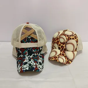 Criss-cross ponytail baseball caps with bohemian and leopard prints and mesh backing
