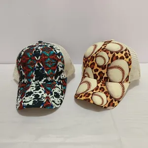 Detail of printed mesh trucker hats with leopard and ethnic patterns for women