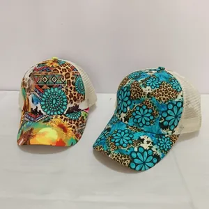 Women's ponytail baseball caps with mesh back and floral leopard print patterns