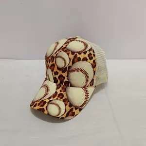 Detail of leopard print baseball cap featuring breathable mesh back and pony tail design