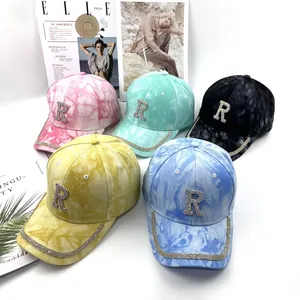 Casquette de Baseball Tie-dye Femme Avec Ornement Lettre R Strass Protection Solaire Visière Courbée Ajustable Chapeau Coton