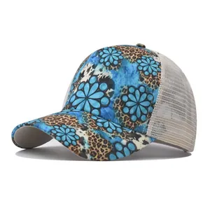 Detail of the leopard print and blue tie-dye mesh baseball cap for ponytail