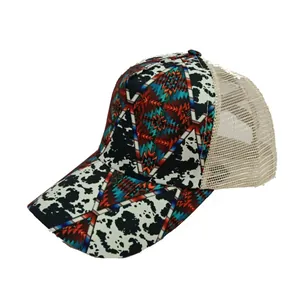 Women's ponytail baseball cap with tribal prints and breathable mesh panels