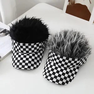 Novelty Checkered Visor Hat With Spiky Synthetic Wig Funny Outdoor Sunshade Cap For Men Women Party Gifts