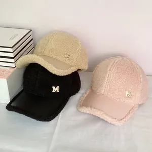 Women Winter Lamb Wool Baseball Cap Rhinestone M Logo PU Leather Brim Splicing Teddy Fleece Warm Adjusted Sun Hat