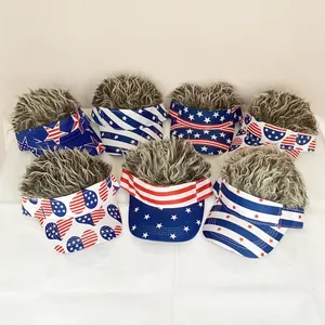 Detail of seven USA flag sun visors with various star and stripe patterns and wigs
