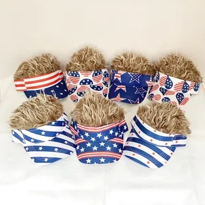 Detail of seven USA flag theme visors with blonde curly hair wigs for Independence Day