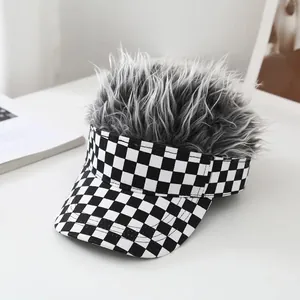 Checkerboard pattern wig baseball cap with fuzzy faux hair and stylish black and white grid