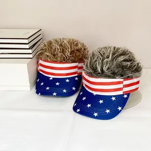 American flag baseball cap with integrated synthetic hair for Independence Day styling