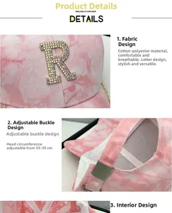 Détail macro du tissu tie-dye respirant avec lettre R en strass sur la casquette de baseball