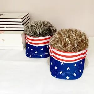 Detail view of American flag visor hats with short grey and brown synthetic wig hair