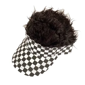 Black and white checkered visor hat with curly synthetic wig hair for fun sports parties