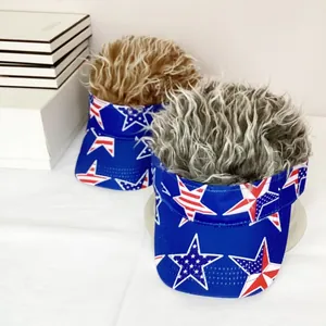 Detail of creative American flag baseball cap with integrated synthetic wig hair