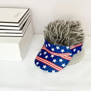 Detail of grey wig visor hat featuring American flag stars and stripes on the brim