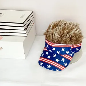 Detail of creative American flag sun visor with attached fluffy light brown synthetic hair