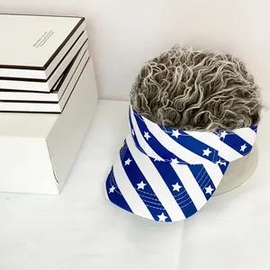 Detail showing grey curly wig hair attached to USA flag star striped baseball cap