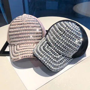 Women Fashion Artificial Pearl Rhinestone Baseball Cap Luxury Mercerized Cotton Adjustable Sun Hat Shiny Beaded Duck Tongue Cap