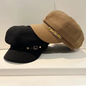 Dames Vintage Krantenjongenspet Wafelstructuur Baker Boy Hoed Met Metalen Gesp Britse Stijl Retro Achthoekige Hoed Herfst Winter Mode Accessoire