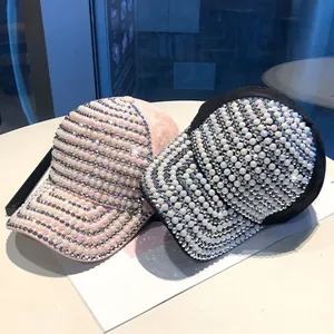 Fashionable velvet baseball caps for women with elegant pearl and rhinestone decorations
