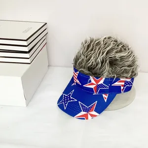 Detail of the American flag star pattern and fluffy grey synthetic wig on the novelty cap