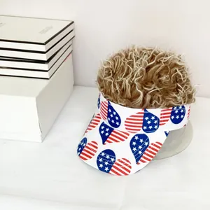 Detail of creative visor hat featuring curly brown hair wig and USA flag heart prints