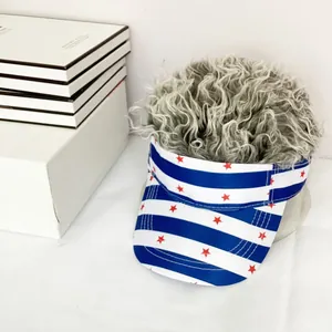 Close-up of patriotic American flag sun visor hat with creative grey curly hair wig
