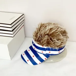 Detail of baseball cap with American flag stars and stripes and brown curly wig hair