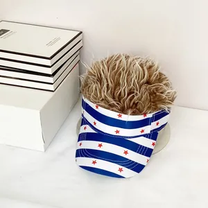 Detail of the US flag themed baseball cap visor with stripes, stars and synthetic wig hair