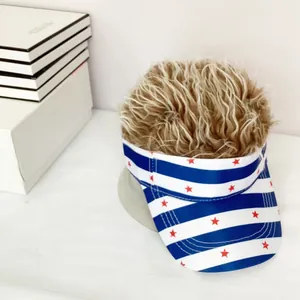 Detailed close-up of novelty wig sun visor with US flag stars and brown curly synthetic hair