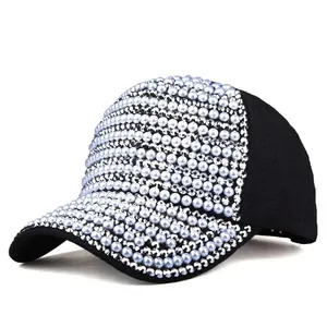 Fashionable black baseball cap for women with elegant pearl and rhinestone embellishments