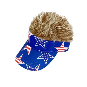 USA flag style baseball cap with blonde wavy hair wig for Independence Day party
