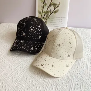 Breathable mesh baseball caps with rhinestones and star studs in black and beige