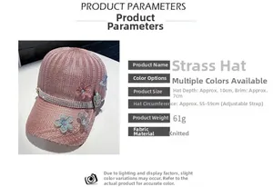 Berretto da baseball rosa in maglia con volpe di strass, fiori e parametri di taglia