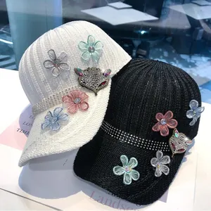 Cappello da Baseball in Maglia da Donna Dolce con Volpe di Strass e Fiori 3D Cappello con Visiera Protezione Solare Regolabile