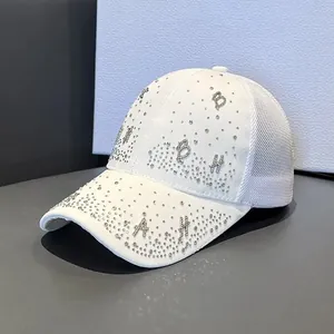White mesh baseball cap with sparkling rhinestones and alloy letter embellishments