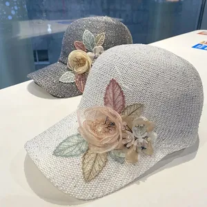 Chic sequined knit baseball caps with 3D lace flowers and rhinestones for women