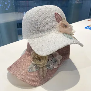 Women's knit baseball cap with sequins, lace flowers, and breathable hollow mesh design