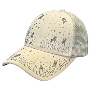 Cream mesh baseball cap with star rhinestones and letters A and H on the brim