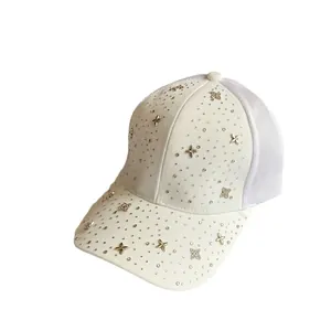 Breathable white mesh baseball cap with sparkling rhinestones and golden clover decor