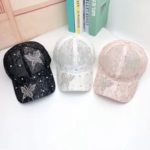 Women Rhinestone Butterfly Lace Baseball Cap Breathable Mesh Sun Hat Adjustable Summer Outdoor Fashion Casual Headwear