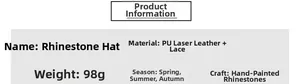 Specifications of the rhinestone cap with PU laser leather lace and hand-set crystals