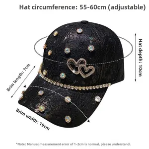 Size specifications for black lace baseball cap with rhinestone heart and adjustable strap