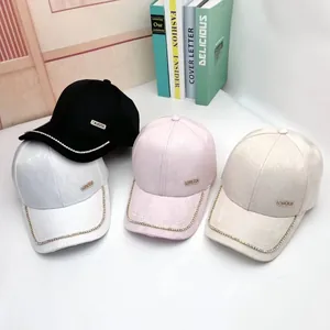Women Rose Floral Jacquard Baseball Cap Sweet Korean Fashion Rhinestone Chain Brim Metal Tag Adjustable Cotton Sun Hat