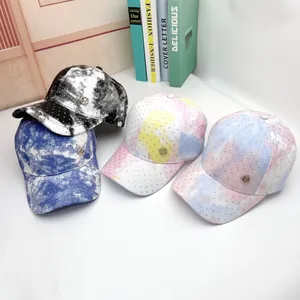 Women Fashion Tie Dye Baseball Cap Rhinestone Embellished Adjustable Cotton Sun Hat H Metal Logo Outdoor Sport Cap