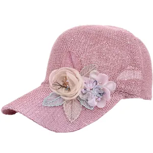 Summer pink knit lace baseball cap with handmade floral sequins and breathable mesh