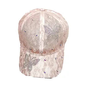Women's pink lace baseball cap with rhinestone butterfly accents for sun protection