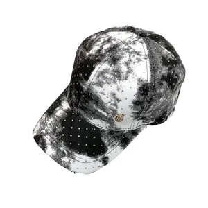 Fashionable black and white tie-dye baseball cap with sparkling rhinestones and H-logo
